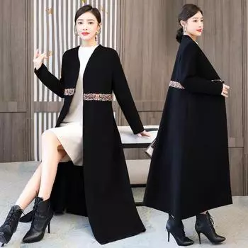 Новое женское осенне-зимнее винтажное черное шерстяное пальто средней длины с v-образным вырезом, уличные женские пальто, кашемировое пальто M чёрный