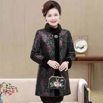 Новое женское пальто из меха средней и длинной длины с принтом для мам среднего и пожилого возраста, женское утолщенное меховое пальто с флисом L [100-57.5 kg]