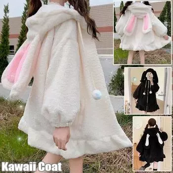 Новое женское пальто Kawaii на молнии с капюшоном с кроличьими ушками, милая теплая куртка в стиле Харадзюку для девочек L чёрный
