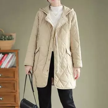 Новое женское пальто-пуховик в клетку Diamond Check, свободная повседневная верхняя одежда с капюшоном Parker, длинная теплая куртка на осень-зиму для женщин M абрикосовый