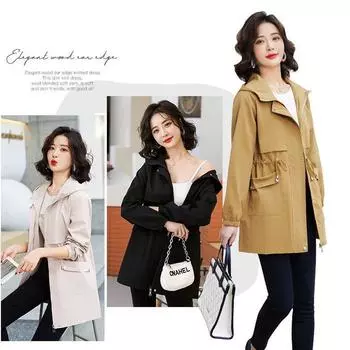 Новое женское пальто-тренч с подкладкой весна-осень тонкая ветровка женская средней длины корейская облегающая и повседневная куртка-пальто с капюшоном M хаки
