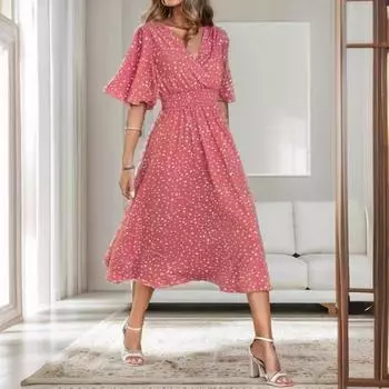 Новое женское платье 2025 года с принтом в горошек, V-образным вырезом и коротким рукавом S розовый