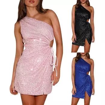 Новое женское платье без рукавов с разрезом на одно плечо и нерегулярной шнуровкой из бисера L чёрный