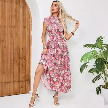 Новое женское платье без рукавов с принтом, полуводолазка, завязка на талии, тонкое платье для вечеринки, платье S