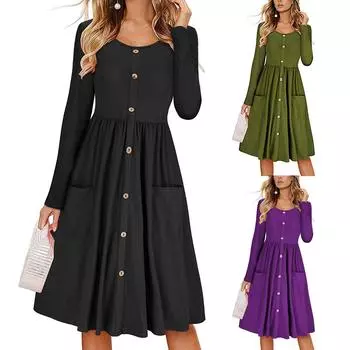 Новое женское платье длиной до колена с длинными рукавами и карманами на пуговицах XXL чёрный