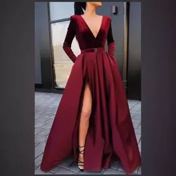 Новое женское платье глубокий V-образный вырез с длинными рукавами платье с разрезами маятниковый темперамент длинное платье женщины S бордовый