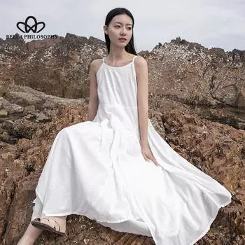 Новое женское платье из хлопка и льна весной и летом, длинное платье нестандартной формы с большими распашными подтяжками OneSize чёрный