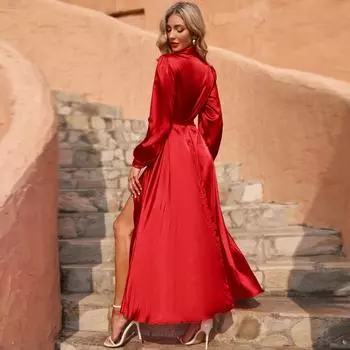 Новое женское платье-маятник с длинными рукавами и разрезами по низу, новое платье-кардиган со шнуровкой S красный