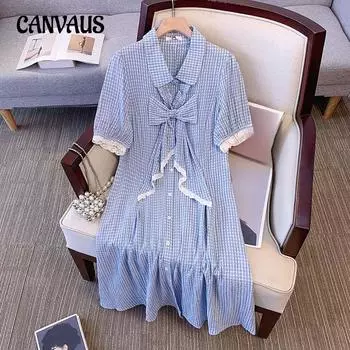 Новое женское платье-поло большого размера с воротником-поло и короткими рукавами, свободного кроя, синего цвета в клетку 2XL синий