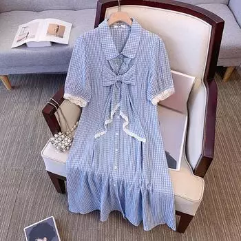 Новое женское платье-поло большого размера с воротником-поло и короткими рукавами, свободного кроя, синего цвета в клетку 2XL синий