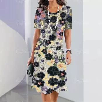 Новое женское платье с цветочным принтом, летнее элегантное платье, Femle платье с коротким рукавом, модная одежда больших размеров S