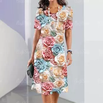 Новое женское платье с цветочным принтом, летнее элегантное платье, Femle платье с коротким рукавом, модная одежда больших размеров S