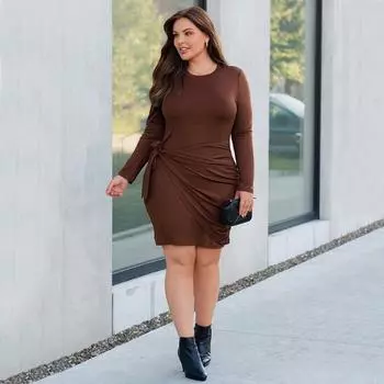 Новое женское платье с круглым вырезом и длинными рукавами, темпераментное модное сексуальное вечернее платье с запахом на бедрах, тонкое однотонное платье больших размеров XL темно-коричневого