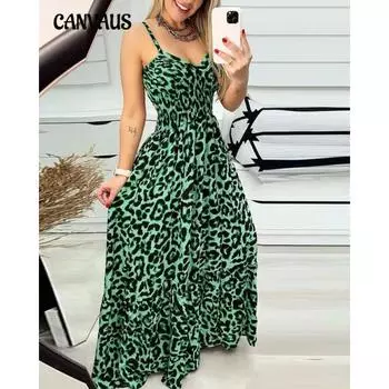 Новое женское платье с леопардовым принтом и V-образным вырезом, юбка с высокой талией, сексуальный темперамент, модная длинная юбка S жёлтый