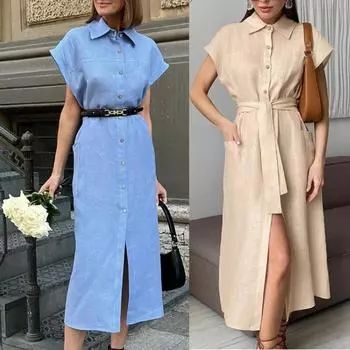Новое женское платье с поясом, сексуальное платье с v-образным вырезом, свободное с коротким рукавом, элегантное короткое платье-рубашка, повседневное платье, Vestidos, однорядное платье на пуговицах, сплошной цвет S синий