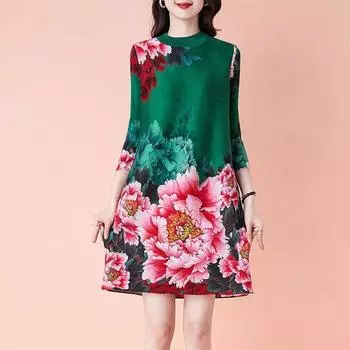 Новое женское платье с принтом 2022, весенне-осеннее свободное женское платье с круглым вырезом M зелёный