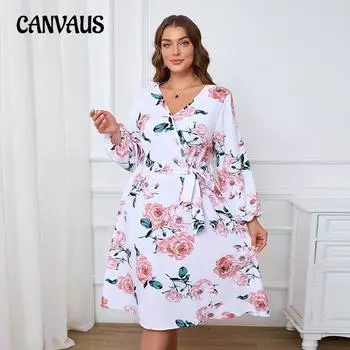 Новое женское платье с рукавами-фонариками и V-образным вырезом большого размера с принтом 1XL белый