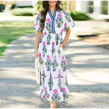 Новое женское платье с V-образным вырезом и цветочным принтом 2025 S белый