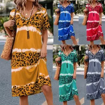 Новое женское платье с v-образным вырезом, многослойное повседневное платье с леопардовым принтом, богемное платье с коротким рукавом S жёлтый