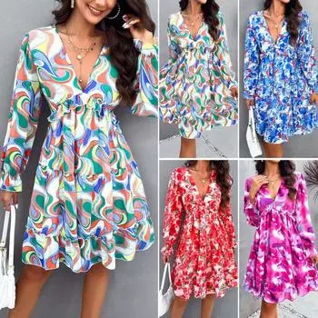 Новое женское платье с v-образным вырезом и длинными рукавами с принтом, женская элегантная длинная юбка S красный