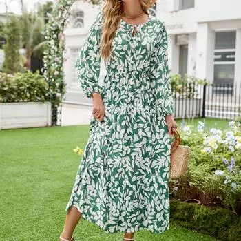 Новое женское платье с вырезом бантом, свободным рукавом-фонариком, праздничное платье с принтом, средней длины, тонкое, с большим маятником S зелёный