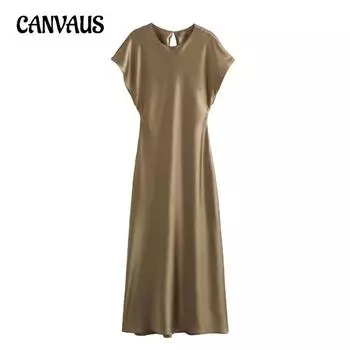 Новое женское повседневное однотонное длинное платье без рукавов с V-образным вырезом S верблюд