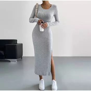 Новое женское повседневное платье весна-осень, однотонное трикотажное платье, сексуальное, облегающее, элегантное, ретро-платье, с длинным рукавом, круглым вырезом, разрезом сбоку S серый