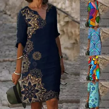 Новое женское повседневное удобное свободное платье со средней талией и v-образным вырезом с принтом и короткими рукавами S тёмно-синий