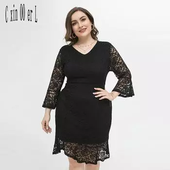 Новое женское праздничное платье больших размеров Xl-4xl, однотонное черное платье с короткими рукавами и v-образным вырезом, повседневная одежда, женские платья, одежда для мам XL чёрный