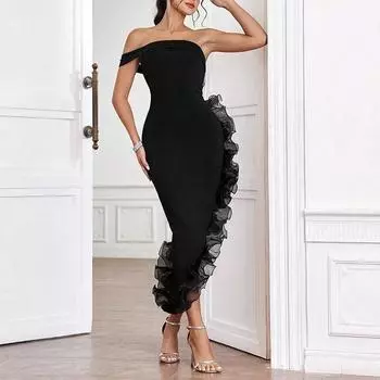 Новое женское сексуальное платье с открытыми плечами и рюшами нестандартной формы, облегающее бедра S чёрный