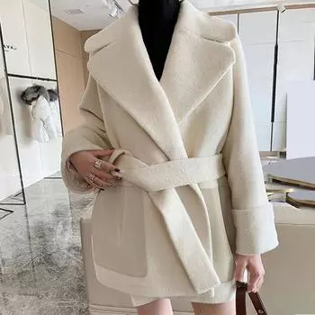 Новое женское шерстяное пальто Suli с поясом, отворотом, скрытой пуговицой, короткое мужское пальто, шерстяное пальто, женская одежда S белый
