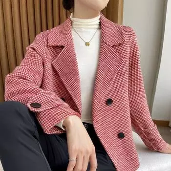 Новое женское шерстяное пальто в клетку «Тысяча птиц», короткое, с маленьким воротником из чистой шерсти в стиле Хепберн S (within 47.5kg)