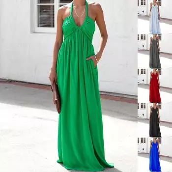 Новое женское сплошное платье макси, летняя мода, глубокий v-образный вырез, без рукавов, Холтер на шнуровке, пляжные вечерние платья, элегантное женское длинное платье с открытой спиной S чёрный