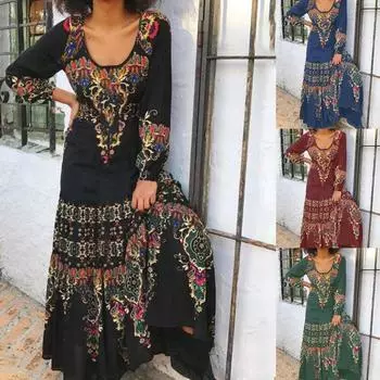 Новое женское свободное платье с круглым вырезом, винтажное повседневное платье макси с длинным рукавом и принтом, элегантное женское пляжное платье, богемное вечернее клубное платье S бордовый