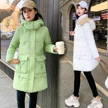 Новое женское зимнее пальто средней длины, теплая пуховая куртка со съемной шапкой, женская M белый