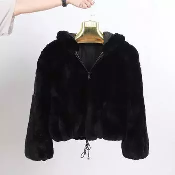 Новое женское зимнее теплое пальто с капюшоном из натурального меха кролика Рекс, мягкие куртки из натурального меха кролика Рекс, женское толстое пальто из натурального меха кролика Рекс S чёрный