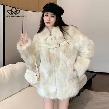 Новое зимнее элегантное пальто из искусственного лисьего меха в Корейском стиле, повседневное шикарное свободное кожаное короткое пальто с пряжкой из искусственного меха onesize белый