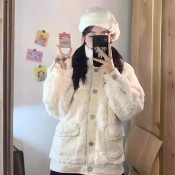 Новое зимнее белое искусственное овечье меховое пальто с небольшим ароматным сращиванием, женское свободное милое прохладное пальто S Within 50kg