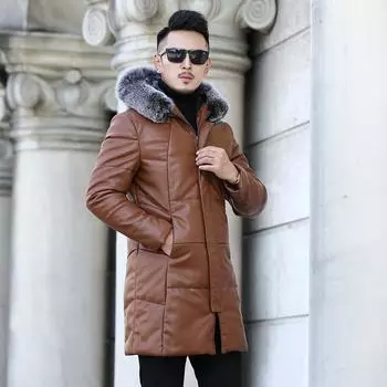 Новое зимнее кожаное пальто, пуховое пальто, мужское пальто средней длины с капюшоном и меховым воротником из серебристой лисы, корейское трендовое пальто 5XL