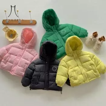 Новое зимнее модное повседневное пальто на хлопковой подкладке, детская куртка на хлопковой подкладке, короткая утолщенная куртка с капюшоном на хлопковой подкладке для мальчиков и девочек 90 зелёный