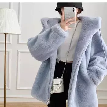 Новое зимнее молодежное цельное пальто с капюшоном из овечьего флиса и меха овцы, женское меховое короткое пальто, женское L