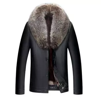 Новое зимнее мужское пальто со встроенным мехом, одежда из натуральной кожи, короткая кожаная куртка со съемным большим меховым воротником, модное мужское пальто S чёрный
