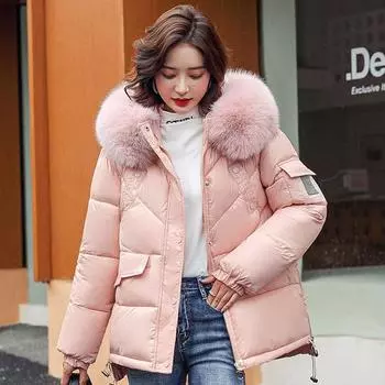 Новое зимнее пальто 2021 года, хлопковое короткое блестящее толстое пальто с большим меховым воротником M розовый