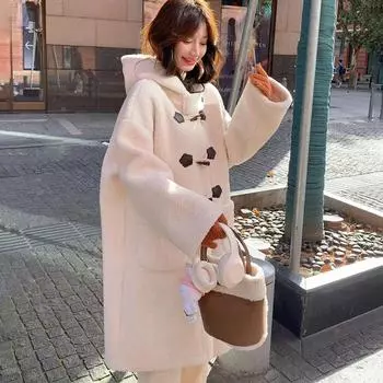 Новое зимнее пальто длиной до колена из искусственной овечьей шерсти с капюшоном, универсальное женское свободное утепленное пальто S90-52.5kg