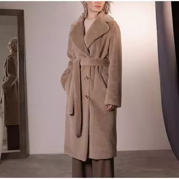 Новое зимнее пальто для женщин, теплое длинное пальто из искусственного меха большого размера, пушистая плюшевая куртка из шерпы с лацканами, пальто-тренч для женщин, пушистая куртка с поясом S абрикосовый