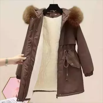 Новое зимнее пальто для женщин, толстая теплая куртка с хлопковой подкладкой, свободные парки с капюшоном, пуховик с меховой подкладкой, без печати, верхняя одежда для женщин M чёрный