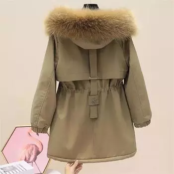 Новое зимнее пальто для женщин, толстая теплая куртка с хлопковой подкладкой, свободные парки с капюшоном, пуховик с меховой подкладкой, без печати, верхняя одежда для женщин M хаки