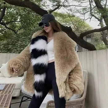 Новое зимнее пальто из искусственного меха, женское модное пальто средней длины с большим воротником из искусственного лисьего волоса, толстые плюшевые теплые пальто женские S