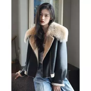 Новое зимнее пальто из мериносового меха, женское короткое пальто из ягненка с отворотом «локомотив» M110-60 kg чёрный