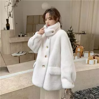 Новое зимнее пальто из овечьего флиса, женское шерстяное пальто, универсальное свободное пальто из искусственного меха из овечьей шерсти, кожаное шерстяное цельное пальто S